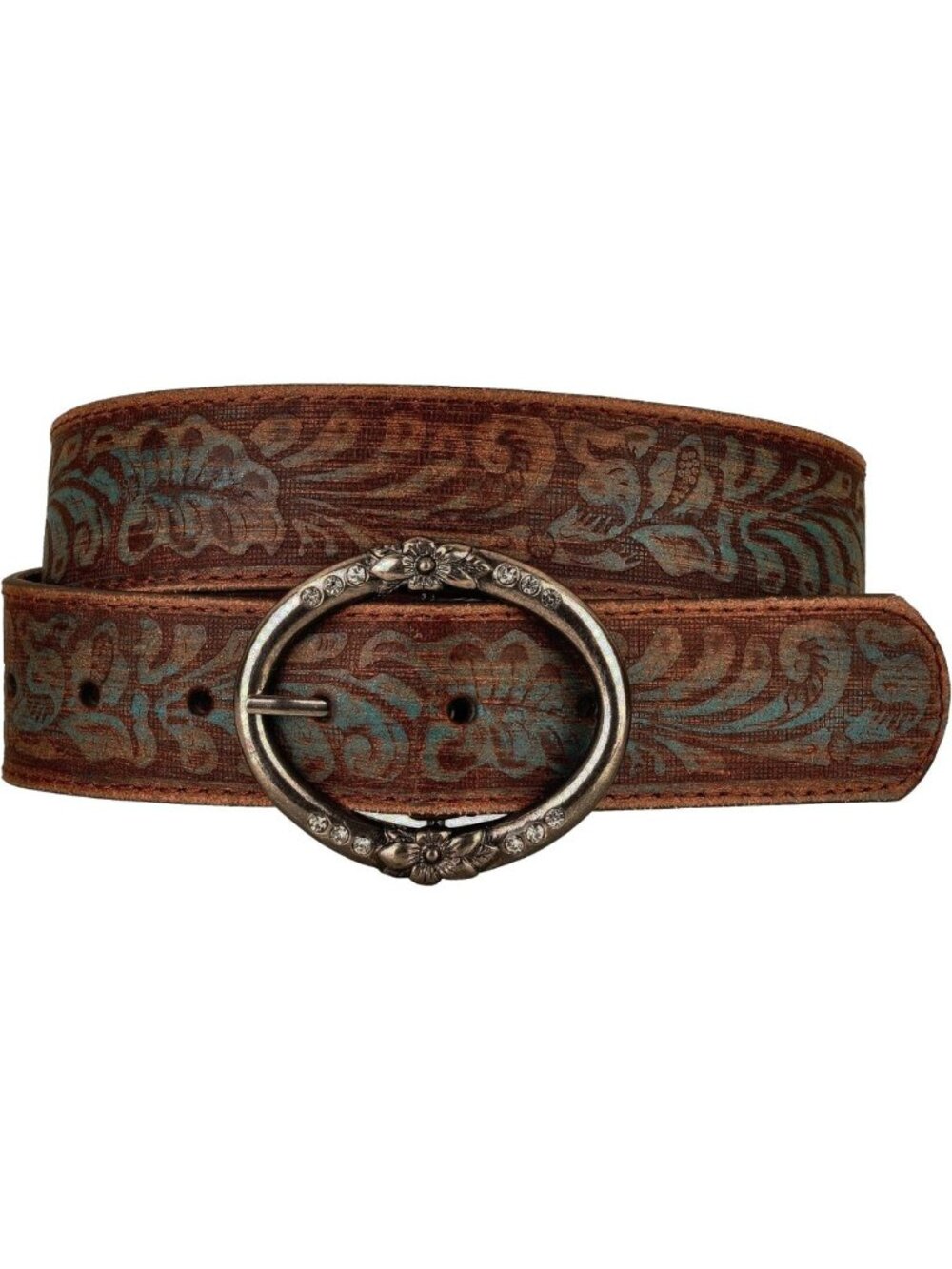 Vintage Western Distressed Teal Leather Belt with Rhinestone Buckle - Women's